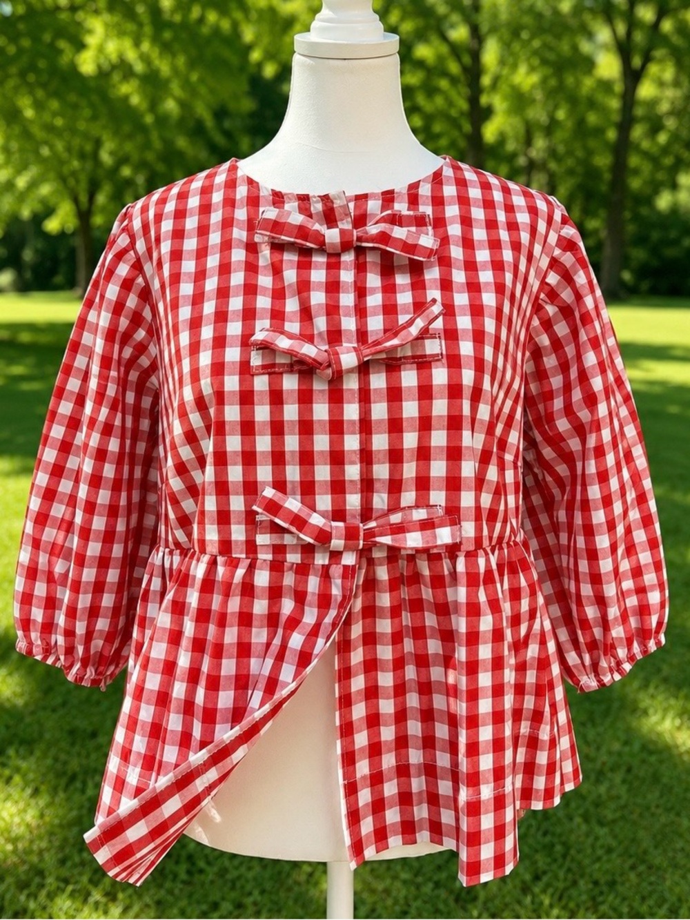 Gingham Bow-Front Babydoll Peplum Top
